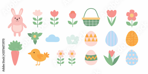 Easter elements collection vector illustration with bunny flowers and decorated eggs
