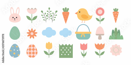 Easter elements vector illustration with bunny flowers and decorated eggs