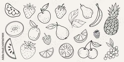 Fruit Collection Black And White Vector Illustration With Dotted Textures