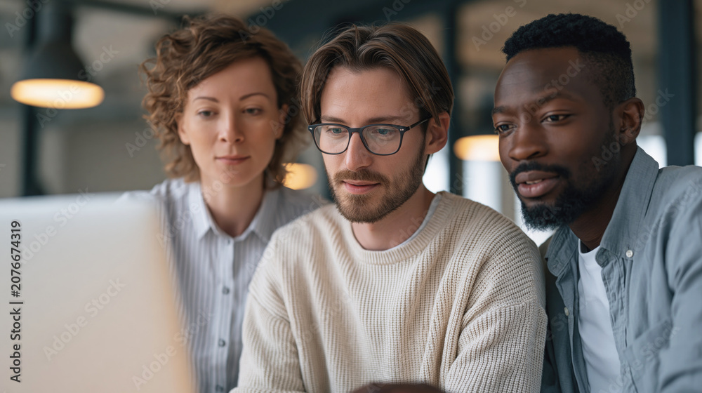 Obraz premium Three diverse coworkers collaborate closely at a laptop in a modern office, focused on a project.