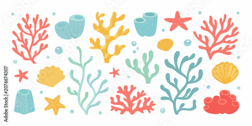 Marine Life Vector Illustration With Coral Starfish And Shells