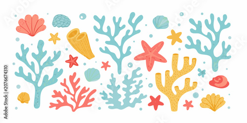 Marine life illustration with coral seashells and starfish on white background