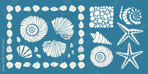 Seashells And Starfish White Line Art Vector Illustration On Teal Background