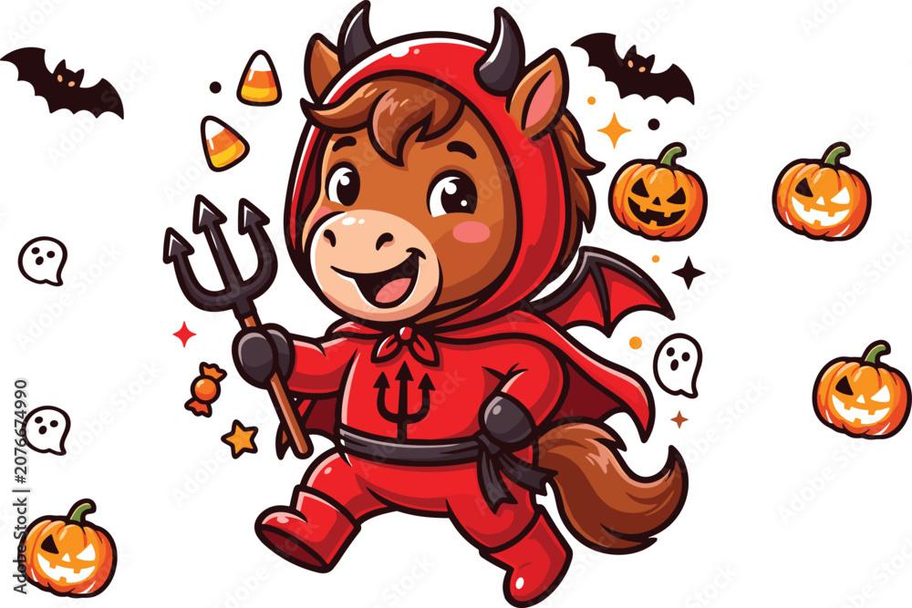 Fototapeta premium Cute Halloween devil horse character wearing red costume with pumpkins bats and candy cartoon vector illustration