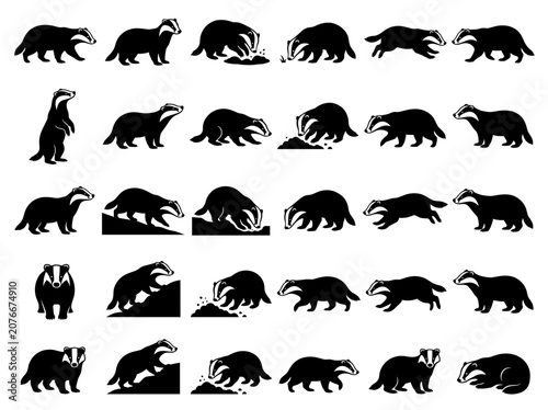 Schilderij op canvas Badger Silhouette Collection: Various Poses and Actions