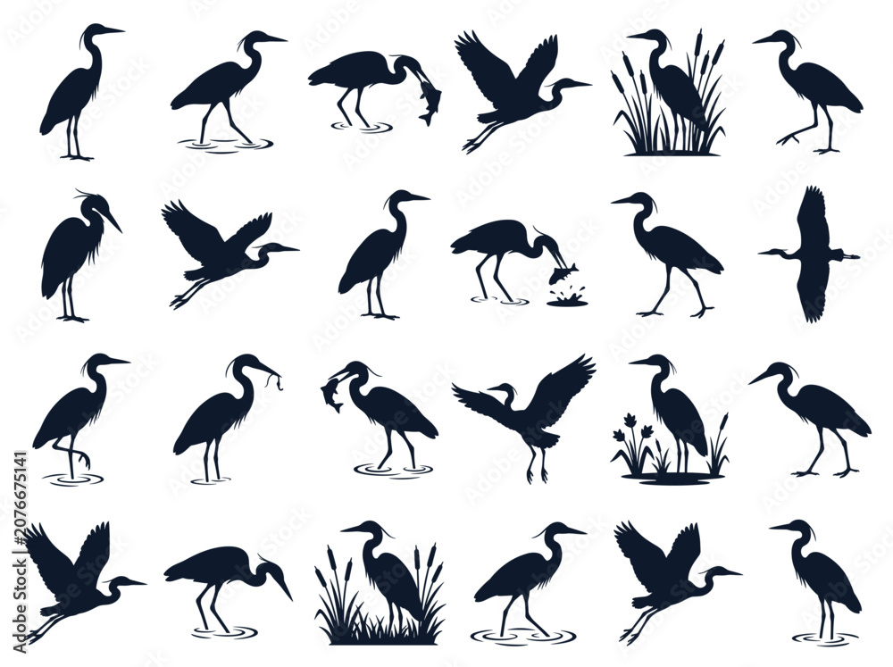 Naklejka premium Heron Bird Silhouette Collection: Various Poses and Actions