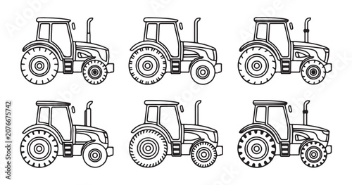 Six different tractor designs in outline style on transparent background for printing and clipart sets.
