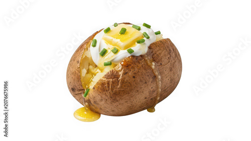 Baked potato with sour cream, butter, and chives isolated on transparent background
