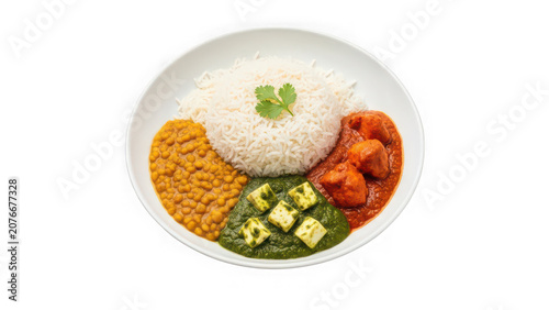 Indian thali platter with rice, dal, palak paneer, and chicken curry isolated on transparent background