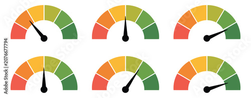 Foto Speedometer gauge meter icons, featuring vector scale performance indicator set,