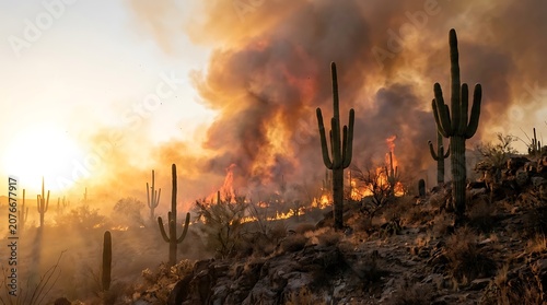 Large wildfire burning in the desert at night with tall saguaro cactus silhouettes under a dark smoky orange sky. arizona wildfire
