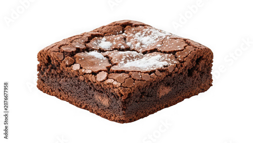 A delicious square chocolate brownie with chocolate chips and powdered sugar isolated on transparent background