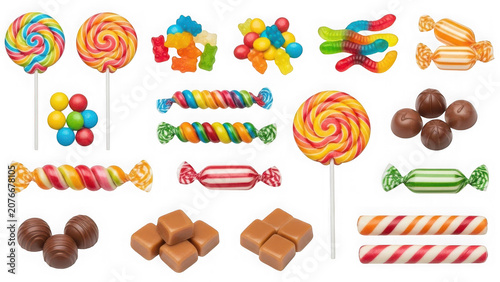 Assortment of colorful candies, lollipops, chocolates, and gummy sweets isolated on transparent background