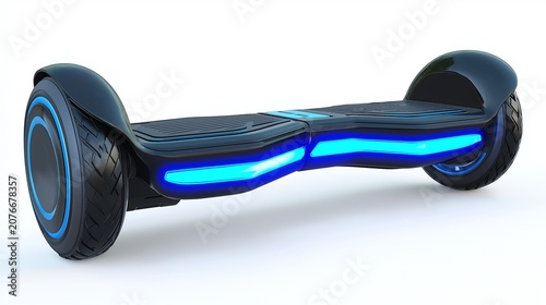 Black hoverboard with blue lights isolated on white, self-balancing scooter