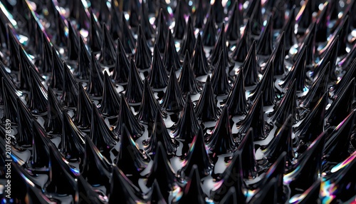 Extreme macro texture of black ferrofluid spikes coated with iridescent rainbow oil.