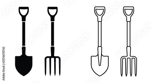 Billede på lærred Garden Shovel And Pitchfork Set Black And White Silhouette