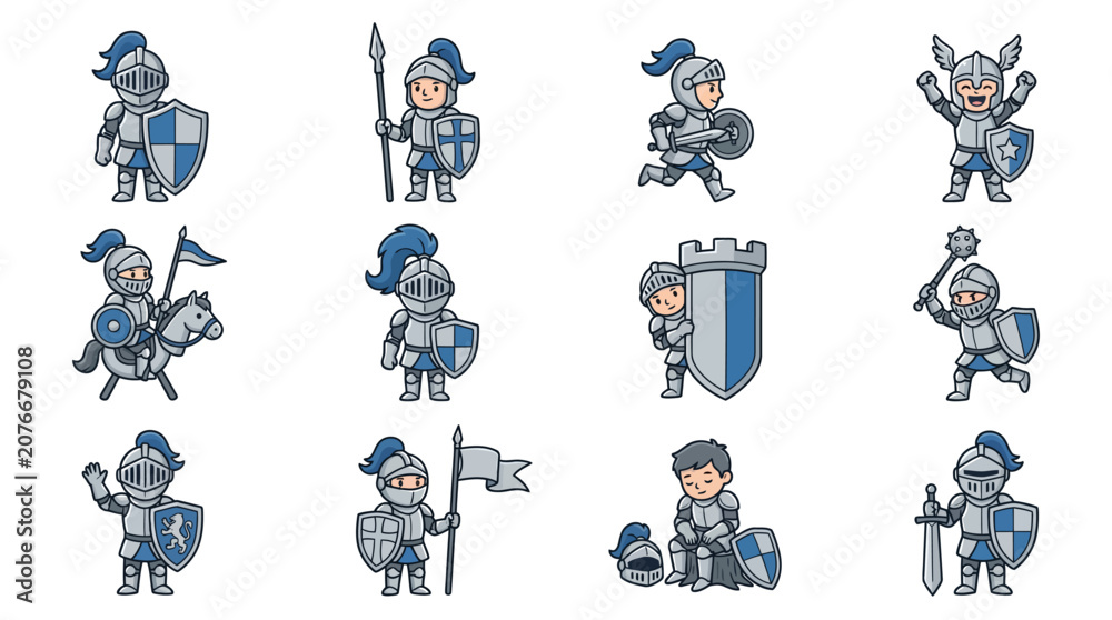 Fototapeta premium Cartoon blue knights and medieval castle icons set.