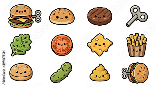 Slika na platnu Cartoon burger ingredients with mechanical wind-up keys set.