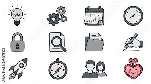 Fotografija Business icons set with mechanical wind-up key details.