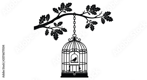 Photos Oak branch with birdcage and songbird black silhouette