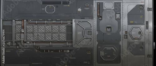 Detailed grungy dark grey sci-fi metal paneling with pipes, vents, and various futuristic elements. Ideal as a background or asset for tech, cyberpunk, and space themes.