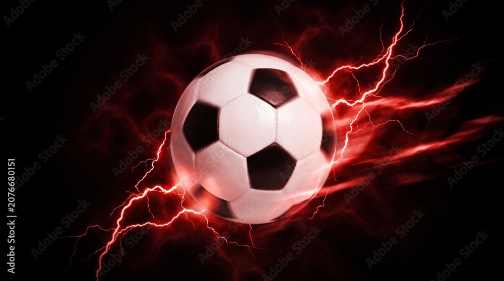 Fototapeta premium Dramatic futsal background with soccer ball and red lightning energy