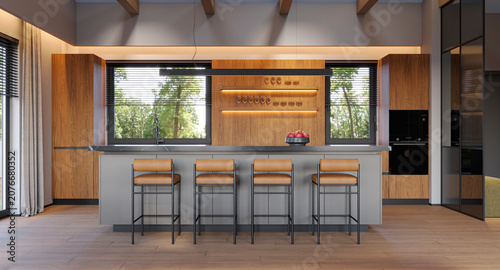 Quadro su tela Modern kitchen bar with wooden cabinetry and panoramic garden window