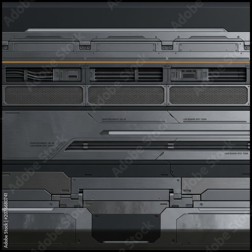 Abstract dark metallic background with intricate futuristic industrial elements, including vents, cables, and brushed metal textures. Ideal for tech, sci-fi, and gaming.