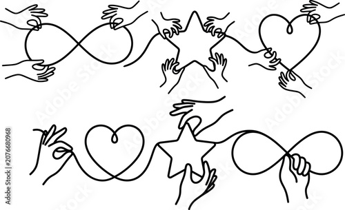 Minimalist line art vector of hands holding infinity, heart, and star concept of connection