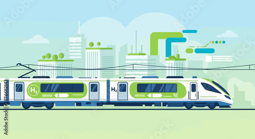 Futuristic Hydrogen Powered Train Speeding Through Scenery