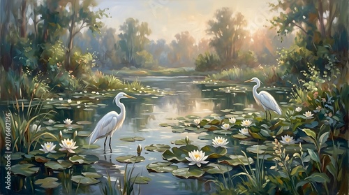 Two white herons standing in a serene pond surrounded by lily pads and flowers at sunrise in a misty forest