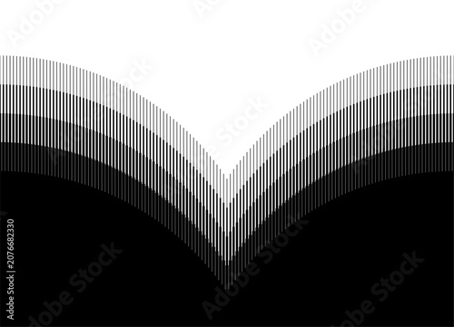 Smooth vector transition from black to white. Striped halftone from thin lines. Abstract arcs. Arrow, pointer. Modern Design Element. Vector background for covers, advertising, packaging.