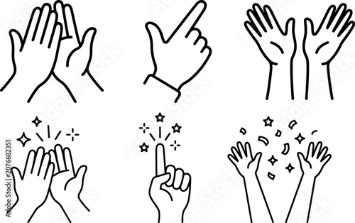 Clapping hands line art vector illustration set, applause and celebration gestures