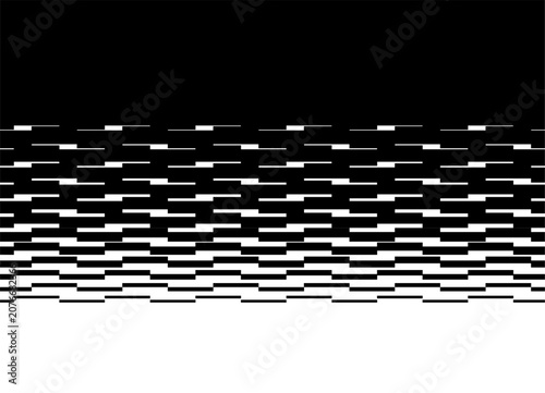 Smooth vector transition from black to white with horizontal broken lines. Arrow, pointer, pennant. Design element. Dynamic effect. Vector background in digital style for covers, advertising, packagin