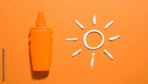 Orange sunscreen bottles with lotion sun on background