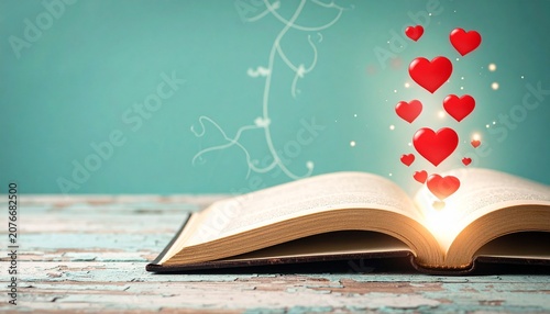 Open book releasing floating hearts on teal background