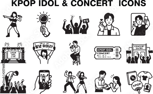 Transparent K-pop idol and concert fan icon set vector, thick stroke live music performance line art bundle