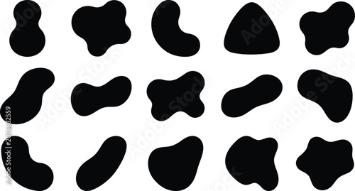 Collection of 15 unique black irregular shapes on white background