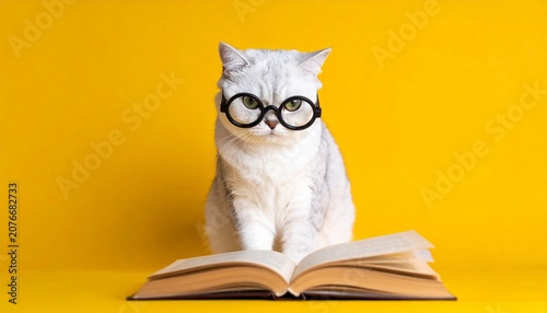 Cat with glasses reading book on bright yellow background