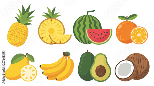 Foto Tropical fruit illustration set, vector design featuring assorted exotic fruits