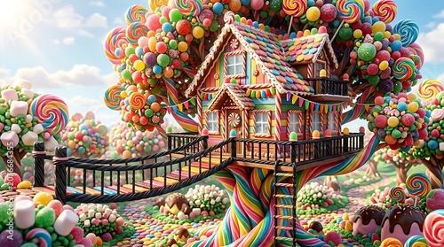 Candy land treehouse whimsical gingerbread house in a lollipop forest fantasy