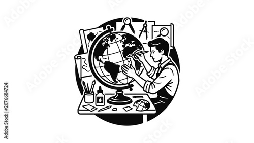 Young student drawing world map on globe with tools education concept