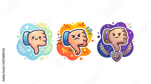 Quadro su tela Three cartoon thumbs down gestures with different emotions and dynamic backgrounds