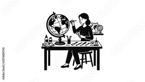 Woman painting globe at desk with art supplies and maps