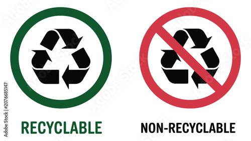 Bild auf Leinwand Recyclable and non recyclable symbols vector illustration set, illustrating wast