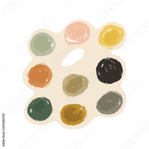 Row of watercolor paint blotches in colorful palette.