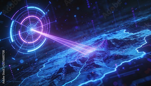 Abstract digital world map with mountains, data analysis, and advanced network technology, featuring a futuristic radar beam illuminating a simulated global landscape
