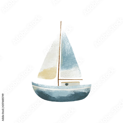 Sailboat With White Hull And Blue Sails.