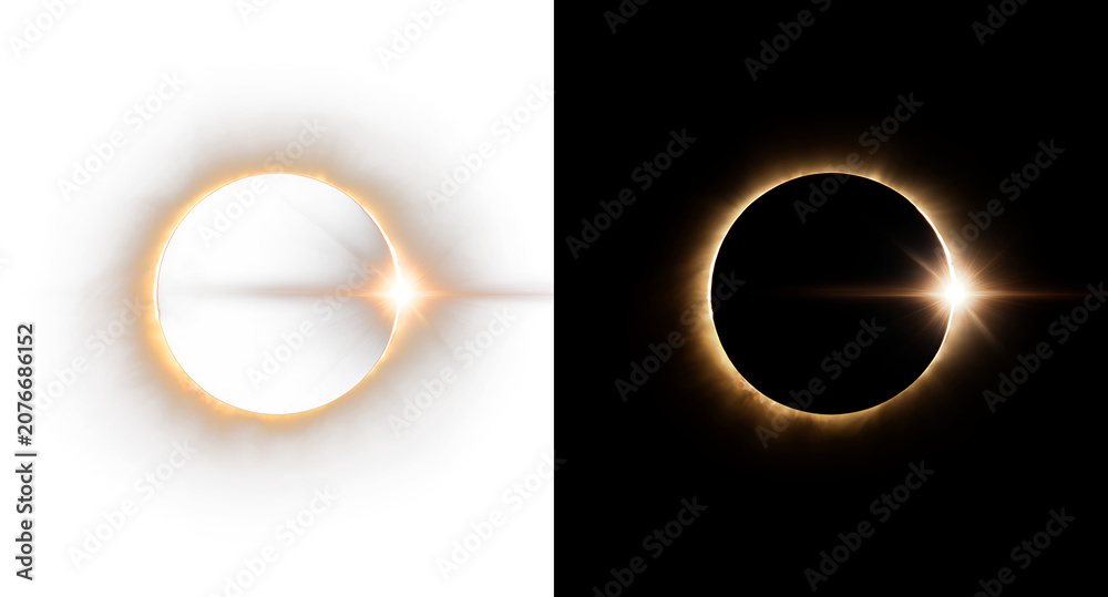 Fototapeta premium Total solar eclipse with gold corona light isolated on transparent and black split screen