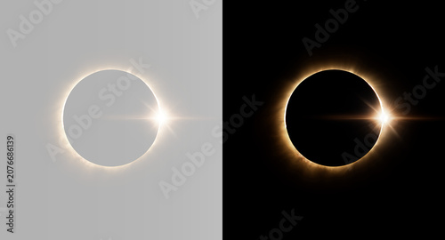 Obraz na plátně Total solar eclipse with gold corona light isolated on transparent and black spl